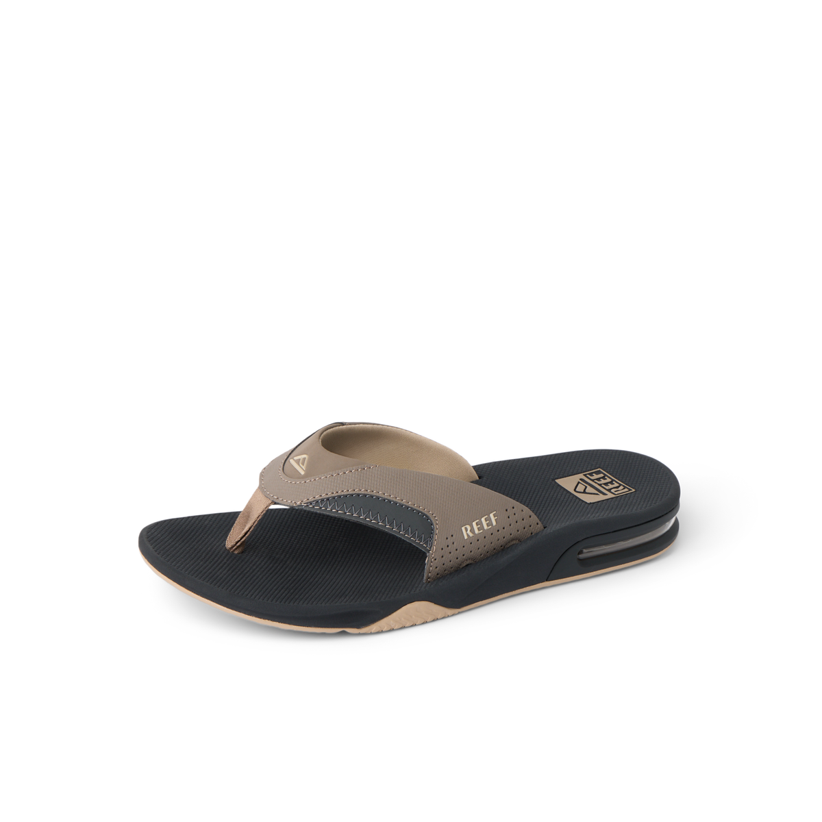 Fanning men's brown and black flip flop facing right with padded liner, heel airbag, and water-friendly outsole for all-day comfort