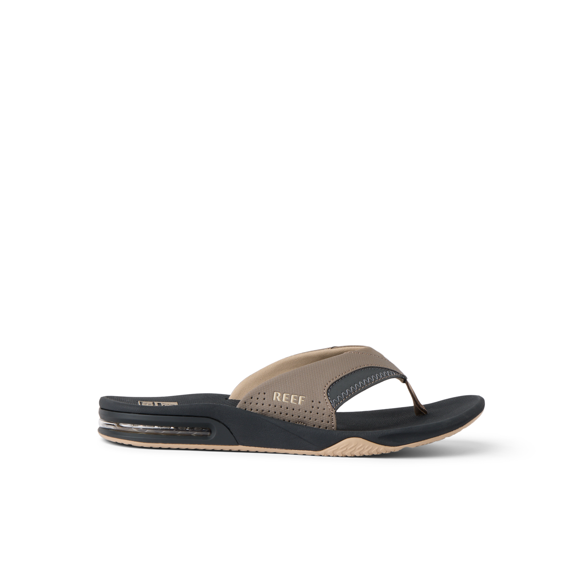 Fanning facing right, men's brown synthetic nubuck flip flop with cushioned footbed and air-cushioned heel for comfort