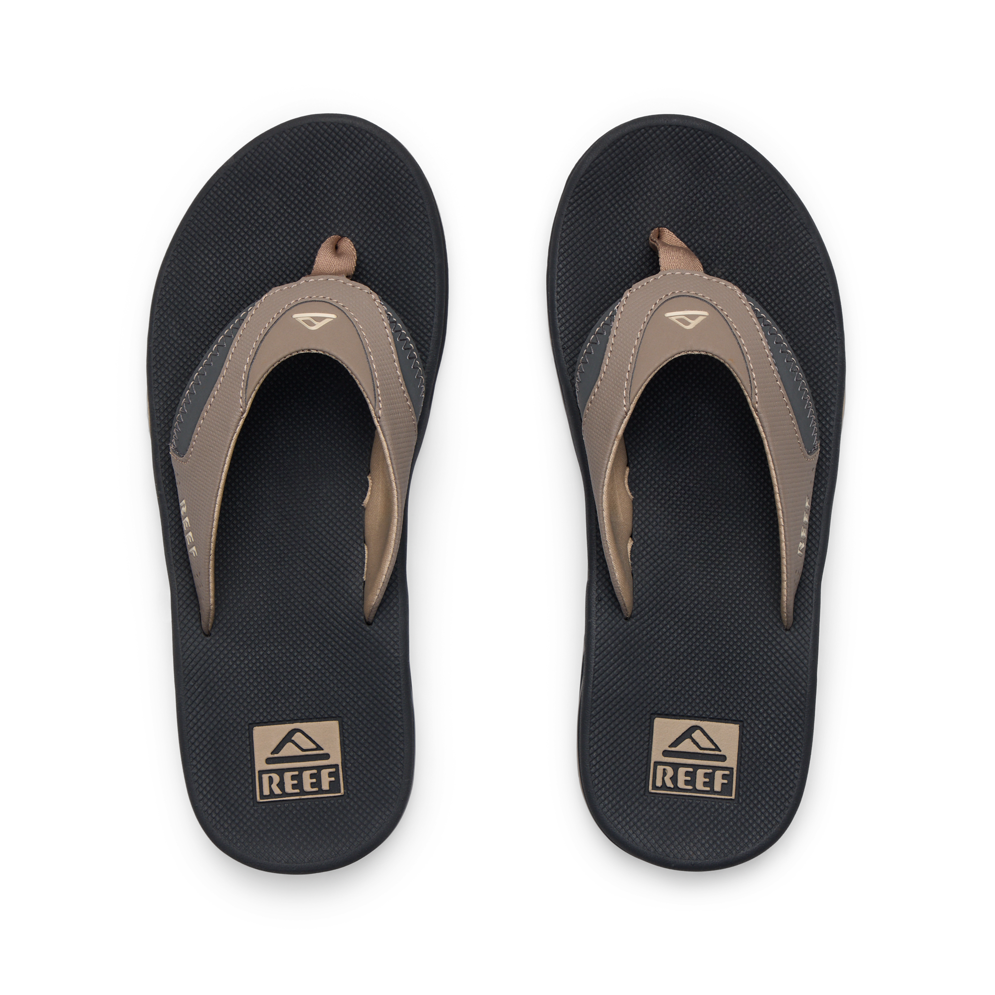 Fanning men's flip flop pair top view with synthetic nubuck straps and cushioned footbed for beach-ready comfort