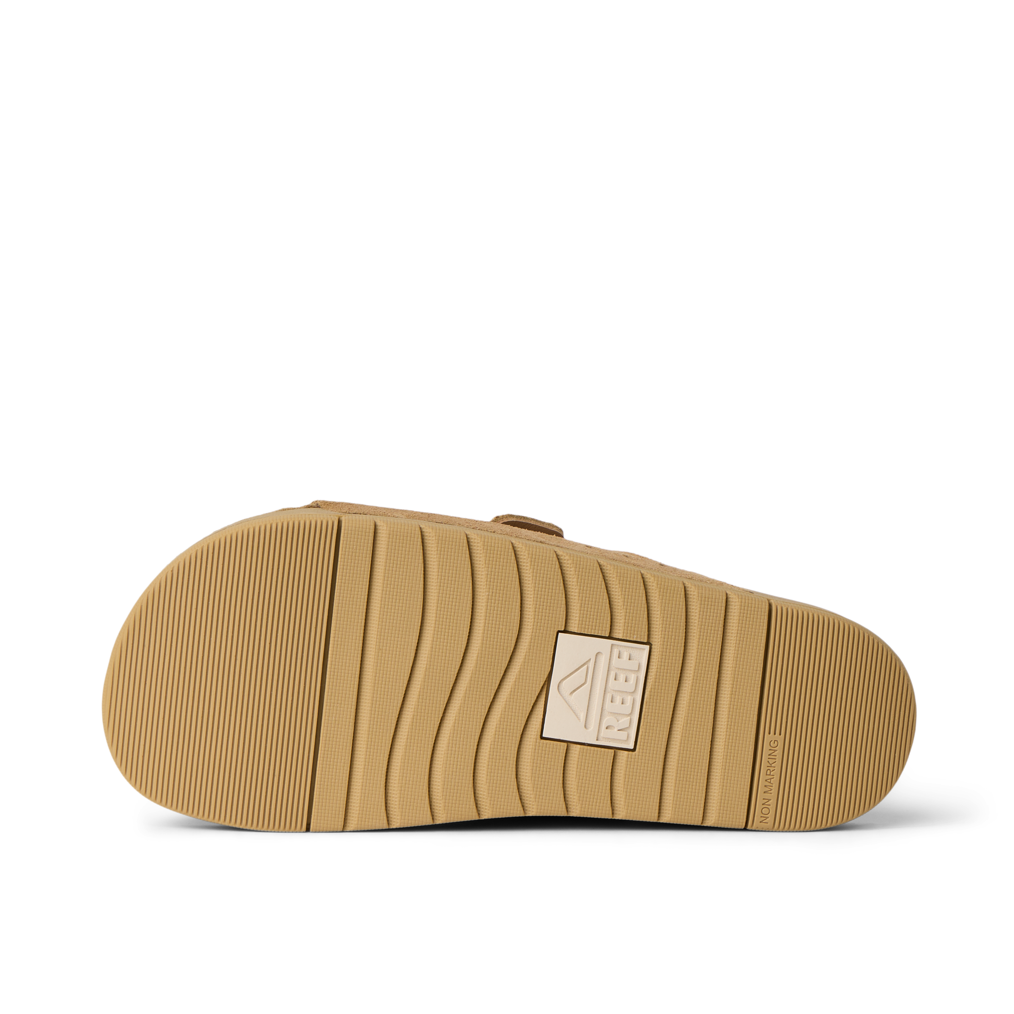 Ojai Two Bar sandal sole view facing up, showing durable tread with textured grip and brand logo, beach-inspired comfort design.