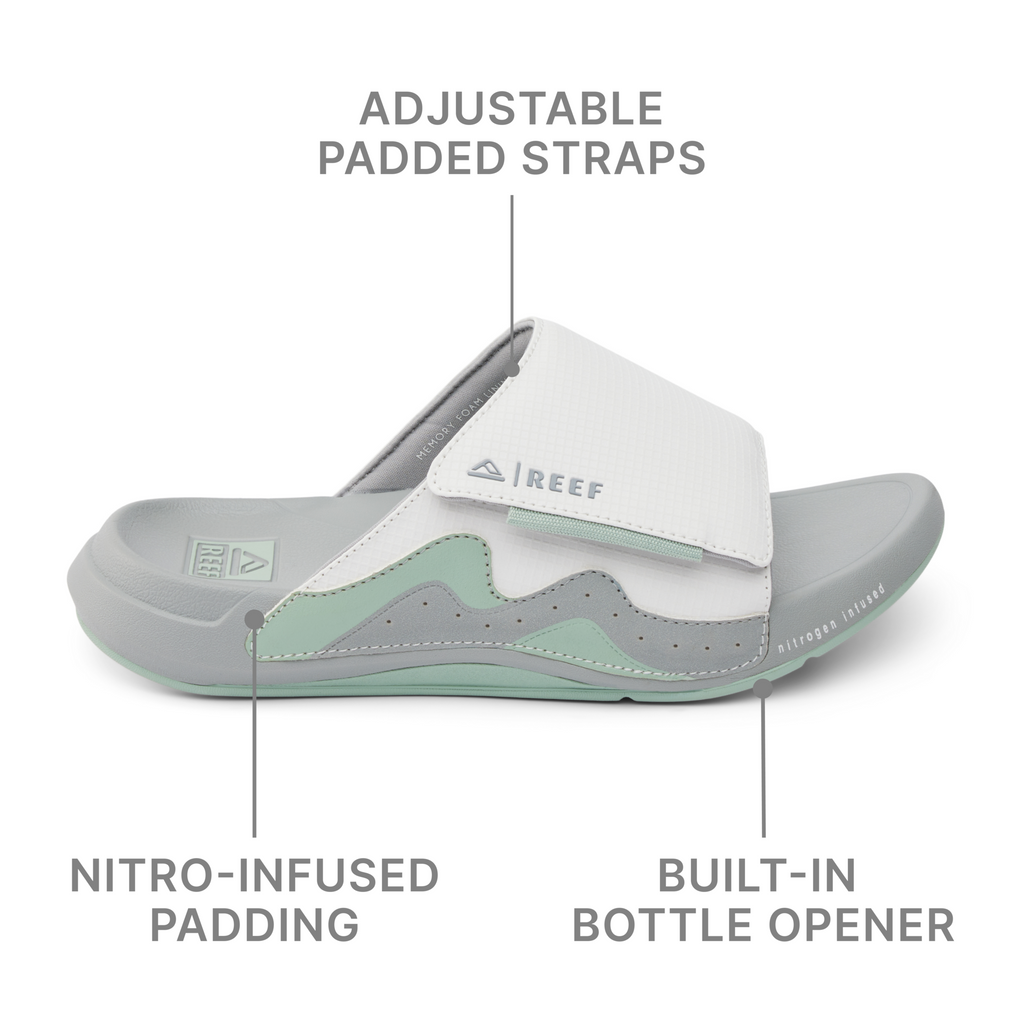 Cruiser Slide men's right footwear facing right with adjustable padded straps, nitro-infused padding, and built-in bottle opener