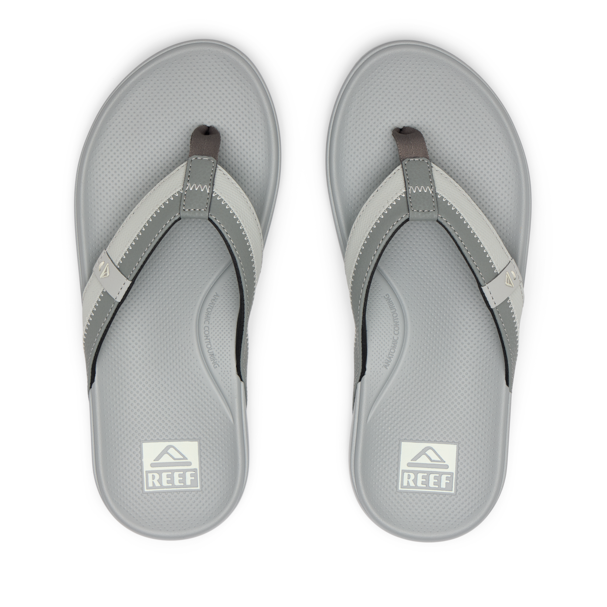 Top view of grey Cushion Phantom 2.0 men's sandals featuring anatomical arch support and soft cushioning for beach comfort.