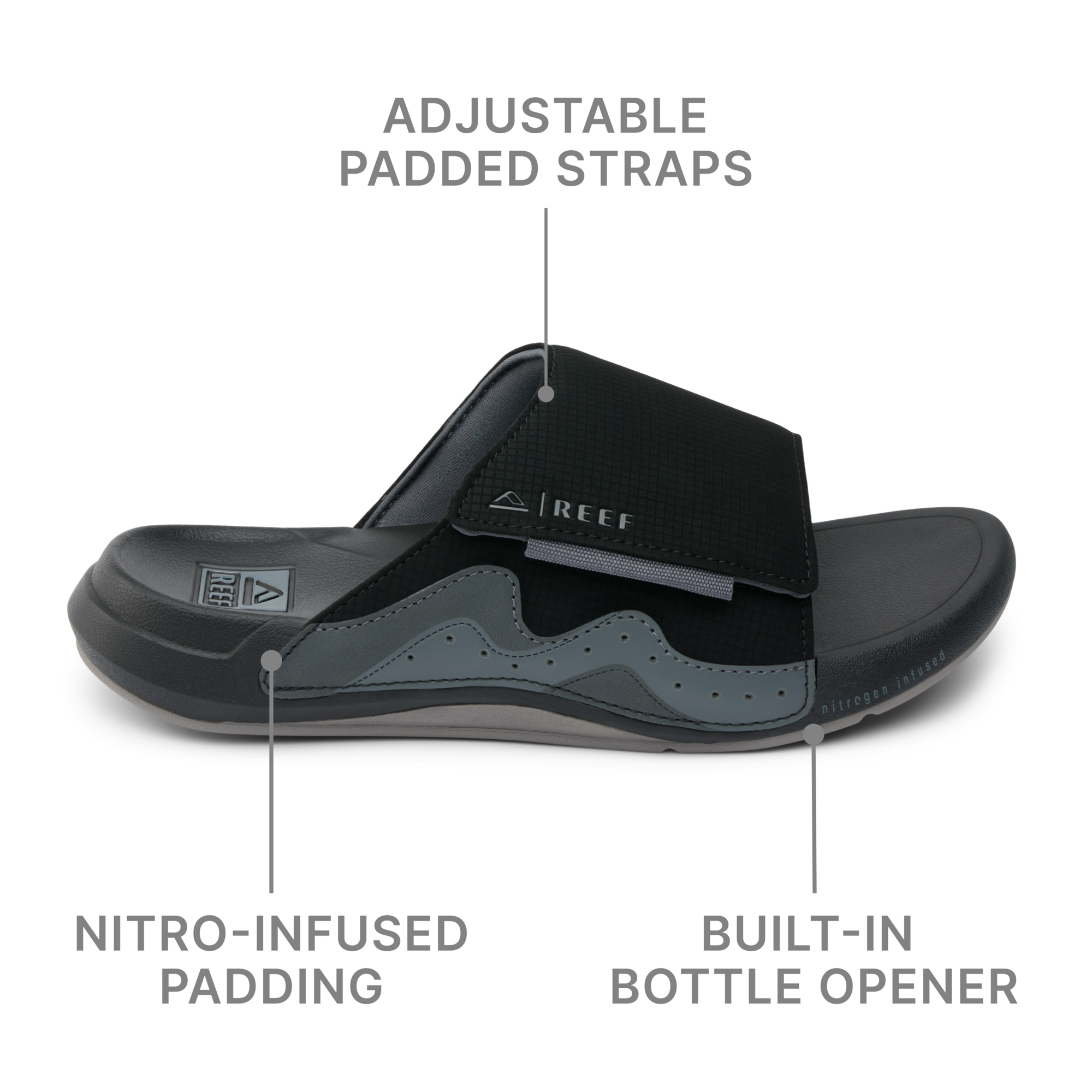 Side view of the black Cruiser Slide for men showing adjustable padded straps and built-in bottle opener.