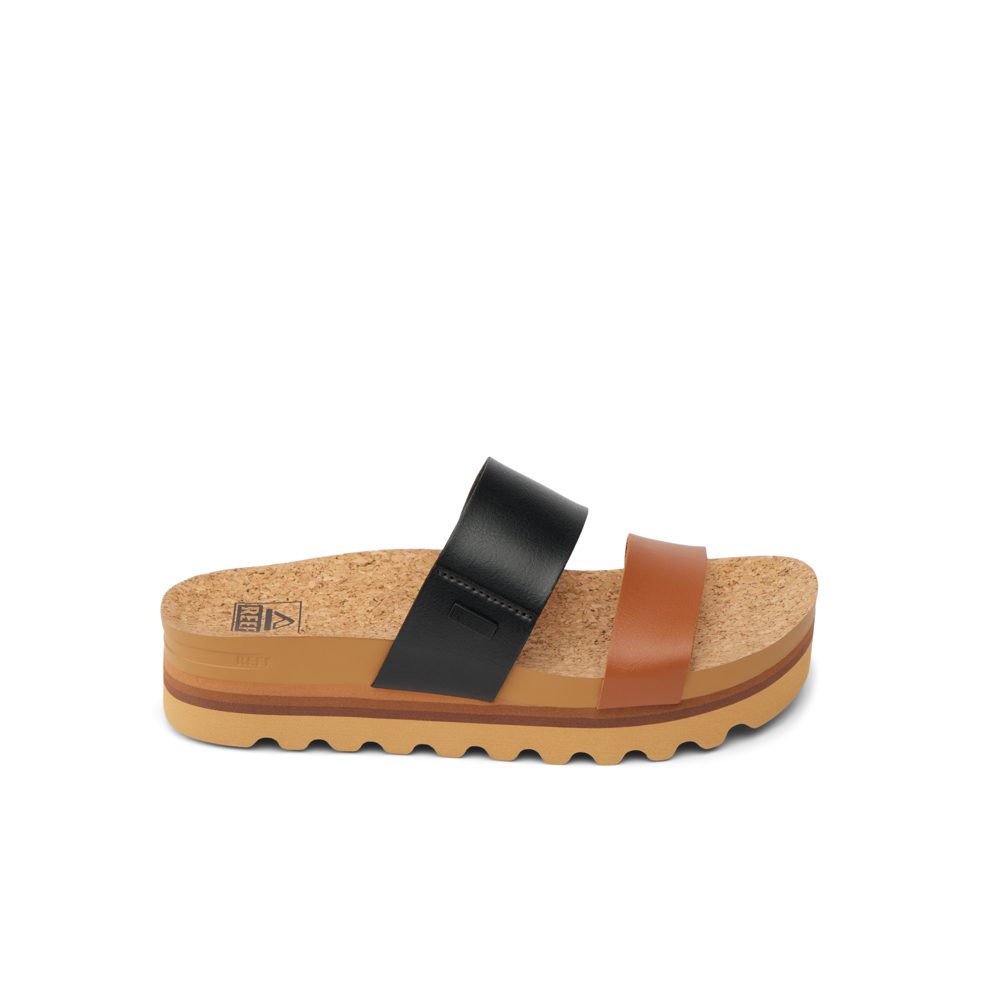 Cushion Vista Hi sandal facing left, beach-inspired with black and brown straps, cork footbed, and soft cushioning.