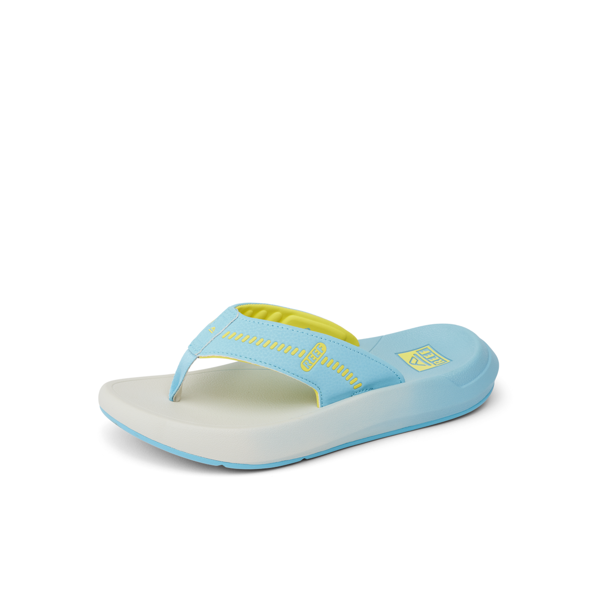 Cruiser flip flop facing right, light blue and yellow, with soft-rebound cushioning and arch support for beach comfort.