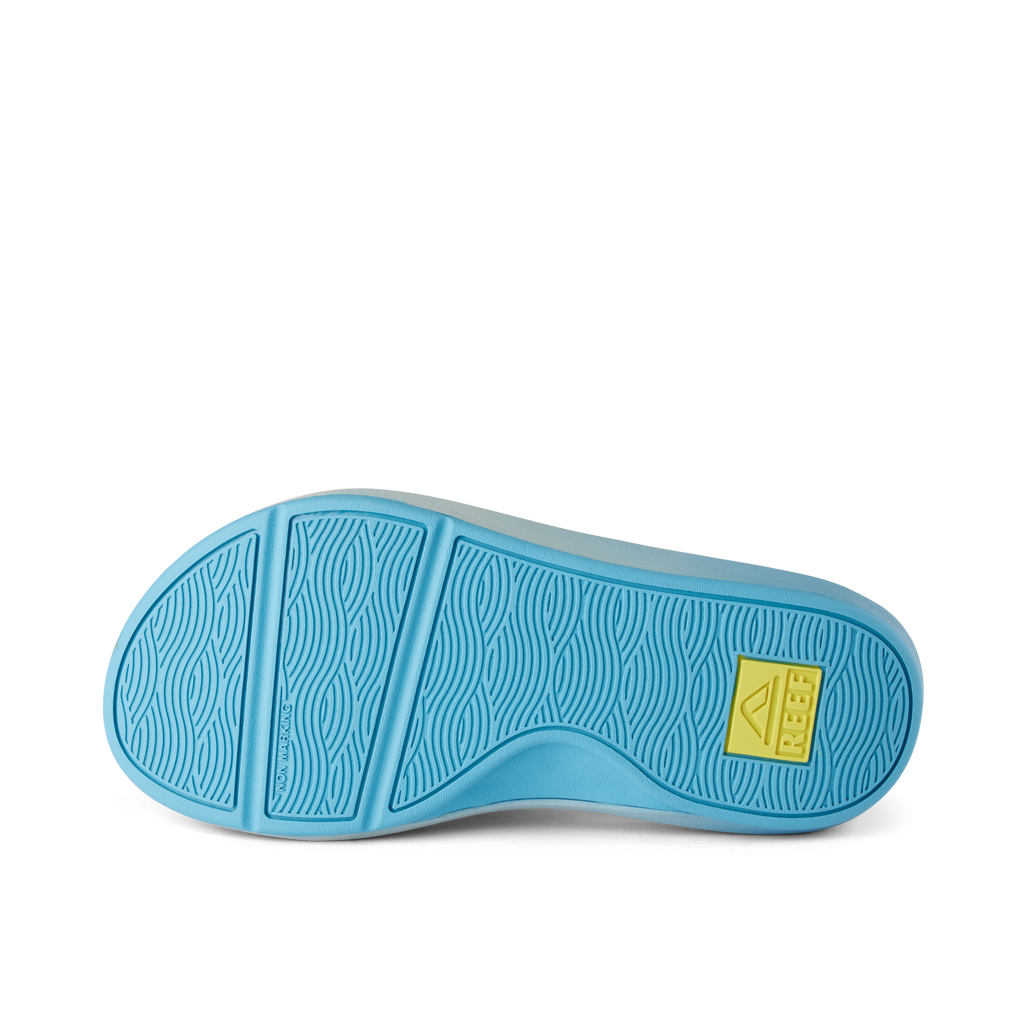 Bottom sole view of the Cruiser men's sandal in light blue and yellow, featuring water-friendly, durable comfort design.