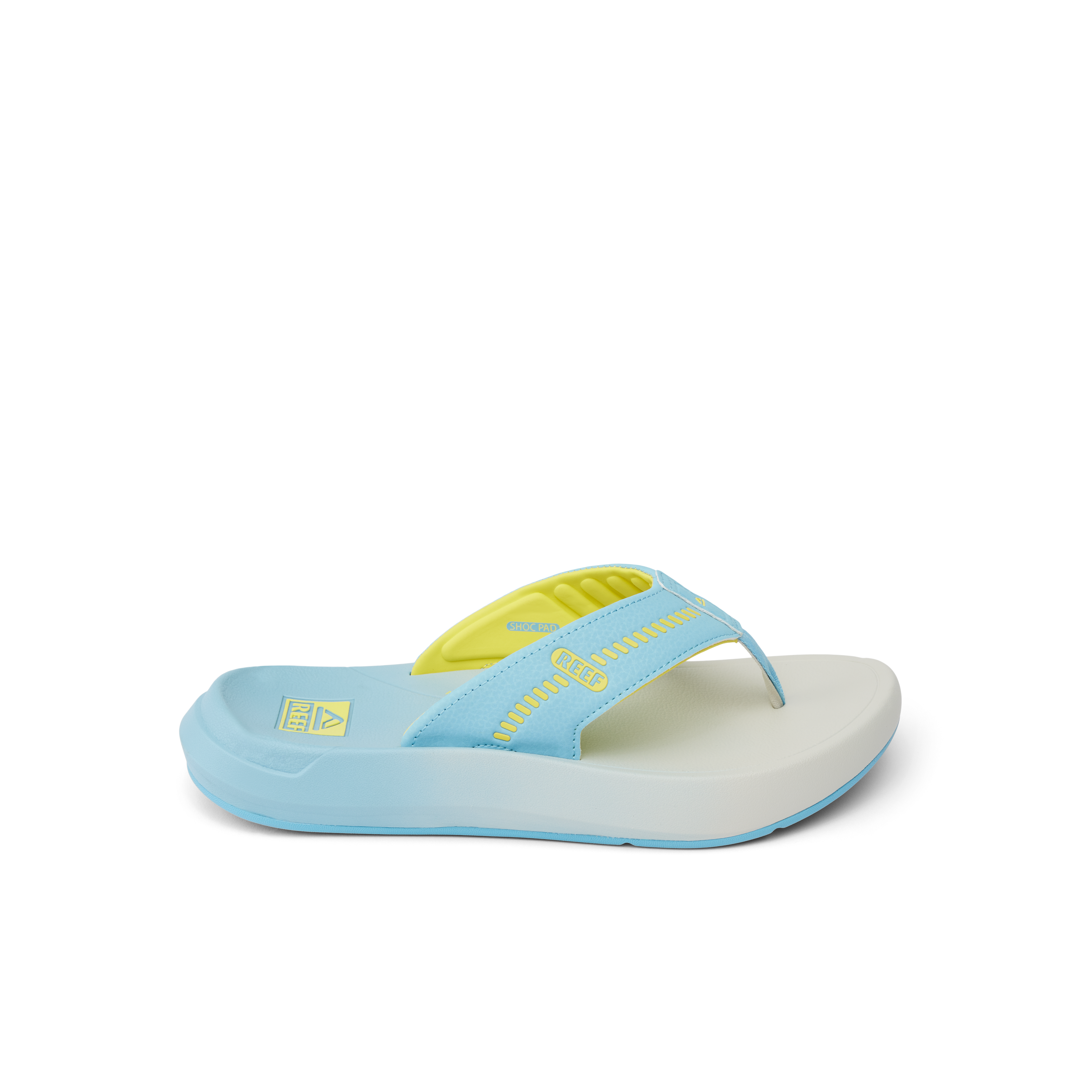 Cruiser sandal facing right, close-up of light blue and yellow slip-on with cushioned arch support and water-friendly sole.