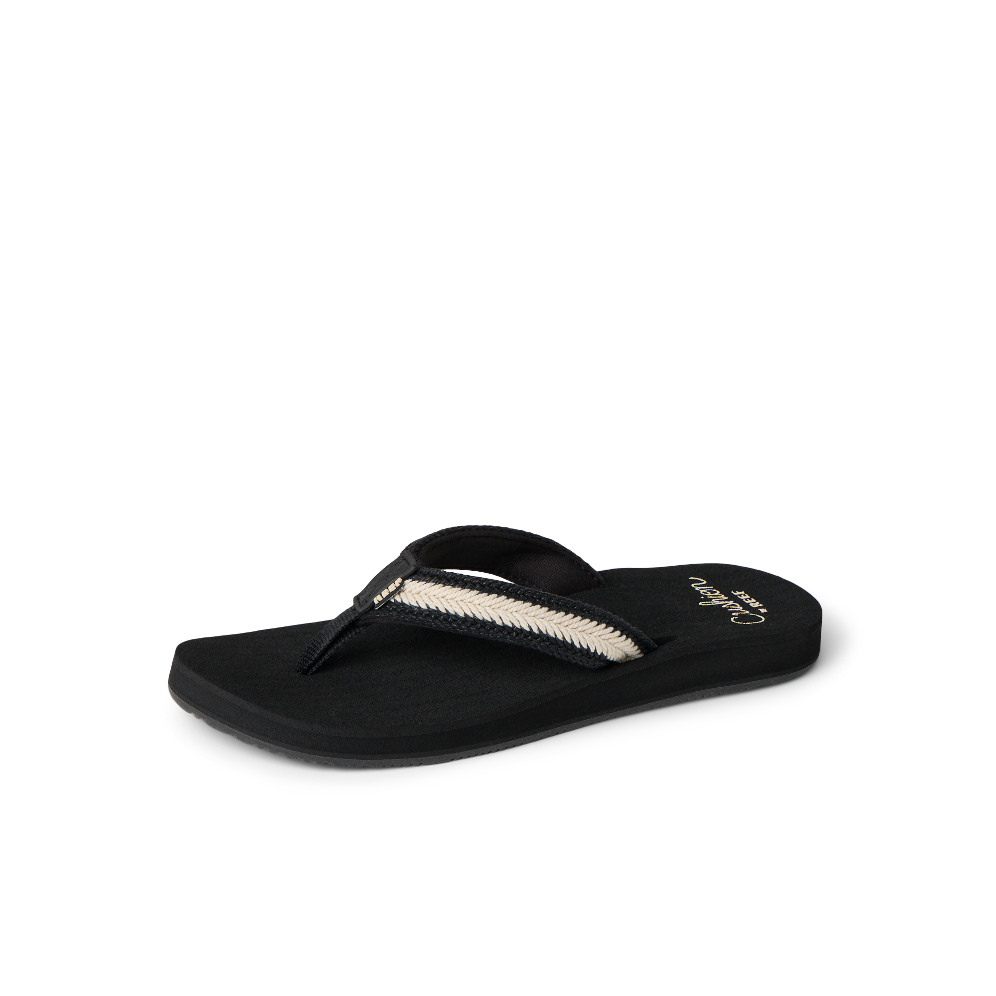Baja Maria women's black flip flop facing left, close-up of toe strap with cushioned arch support for beach comfort