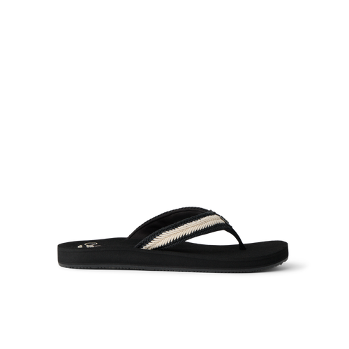 Baja Maria women's black flip flop facing right, featuring anatomical arch support and soft-rebound cushioning for comfort.