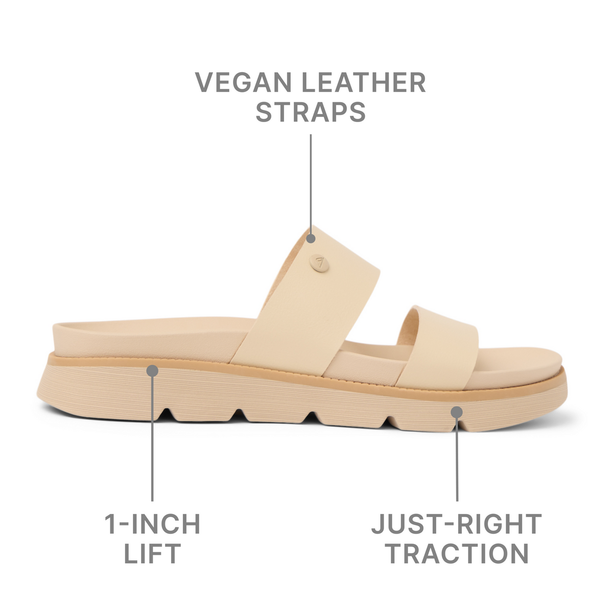 Vista Luxe Thea women's sandal facing right with vegan leather straps, 1-inch lift, and durable traction sole.
