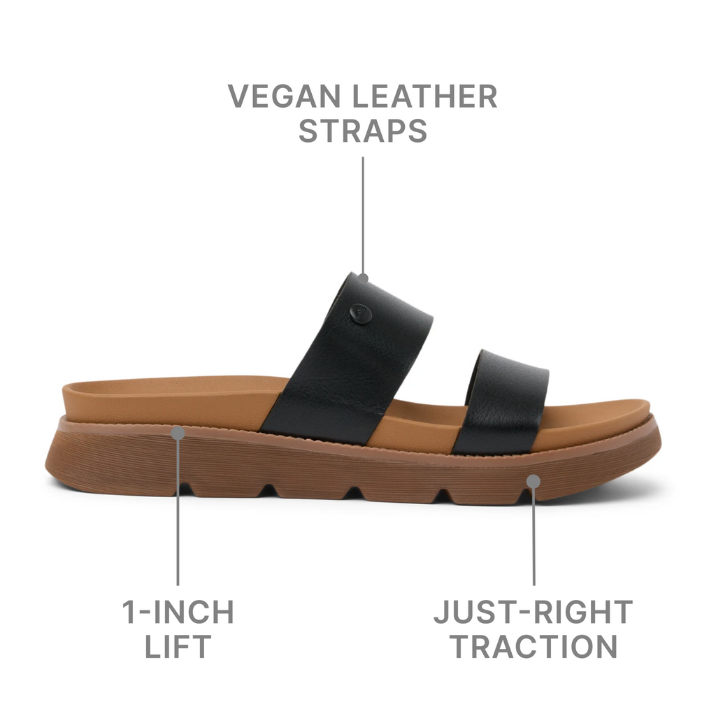 Vista Luxe Thea sandal facing right, with vegan leather straps, 1-inch lift, and just-right traction sole.