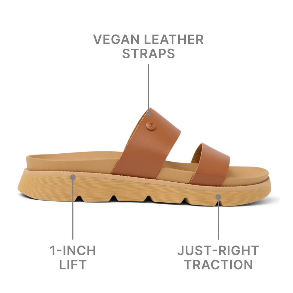 Side view of Vista Luxe Thea women's sandal with vegan leather straps, 1-inch lift sole, and traction outsole for comfort.