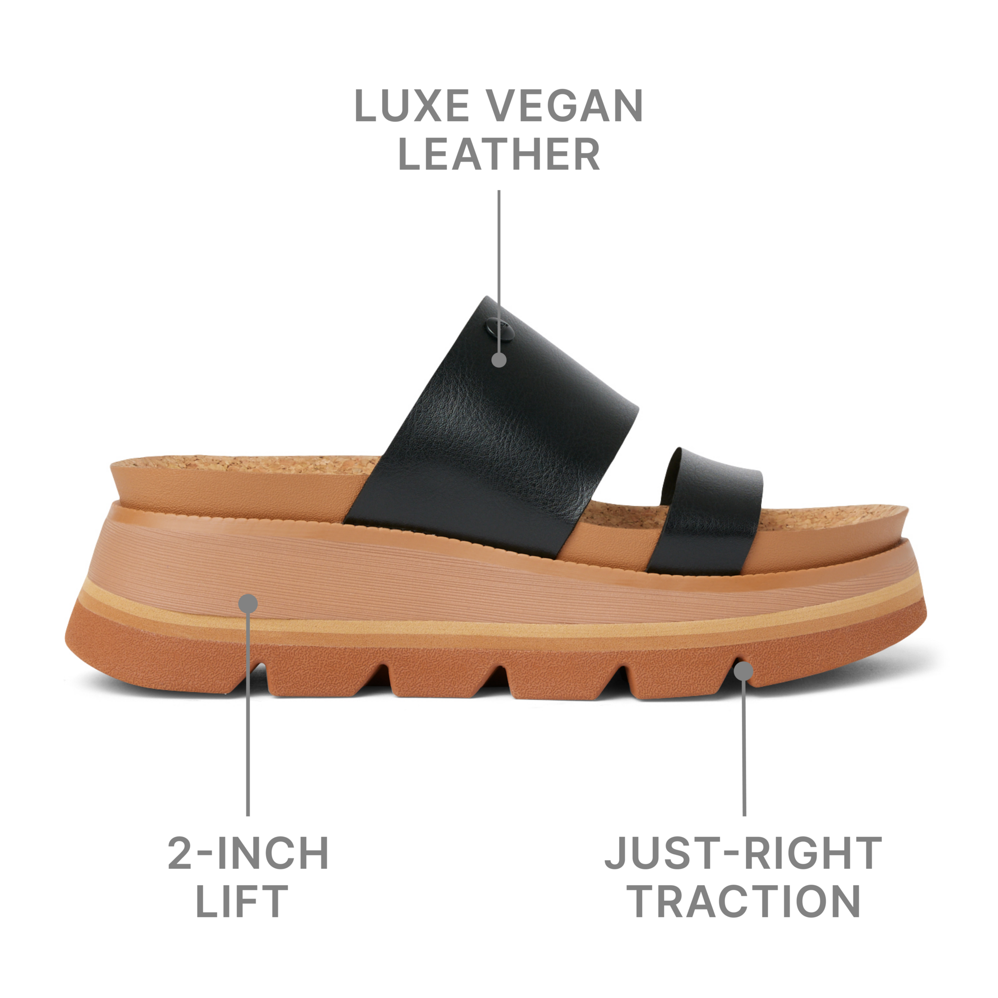 Vista Luxe Siaa women's sandal facing right, close-up of platform sole with 2-inch lift and luxe vegan leather straps.