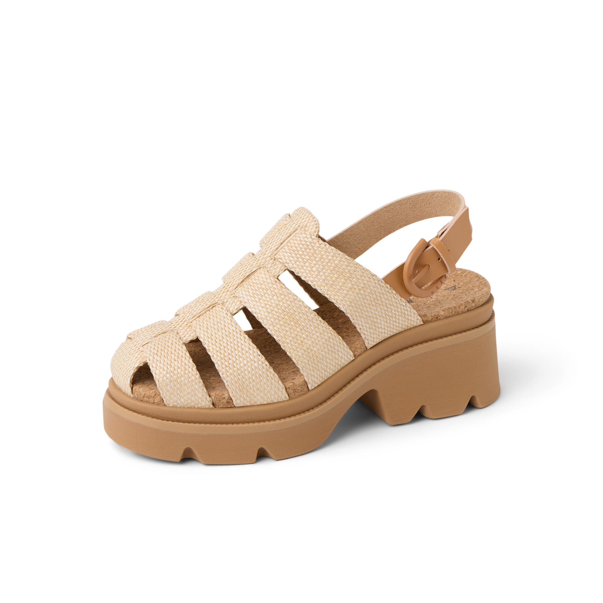Vista Luxe Lucie women's sandal facing left, platform sole with cushioned arch support, woven raffia upper close-up.