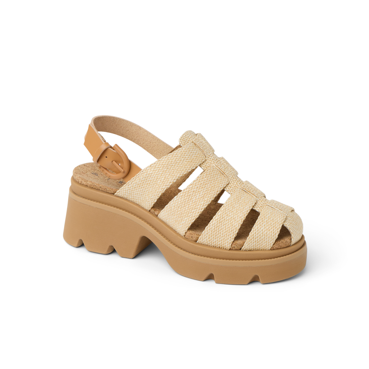 Vista Luxe Lucie women's sandal facing right, close-up of braided raffia upper and chunky sole with arch support.