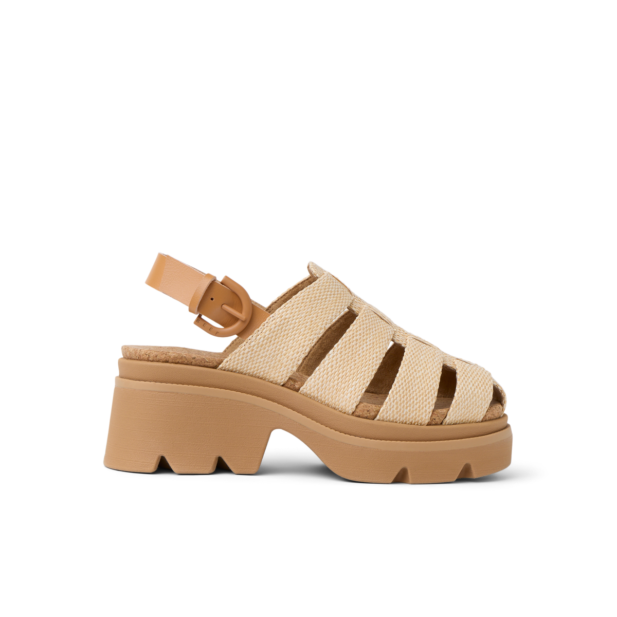 Vista Luxe Lucie women's sandal facing left, close-up of side view with cushioned platform and woven straps.