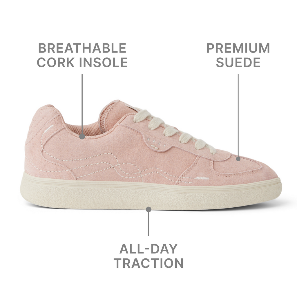 Boardwalk Callie women's shoe facing right with premium pink suede, breathable cork insole, and all-day traction sole.