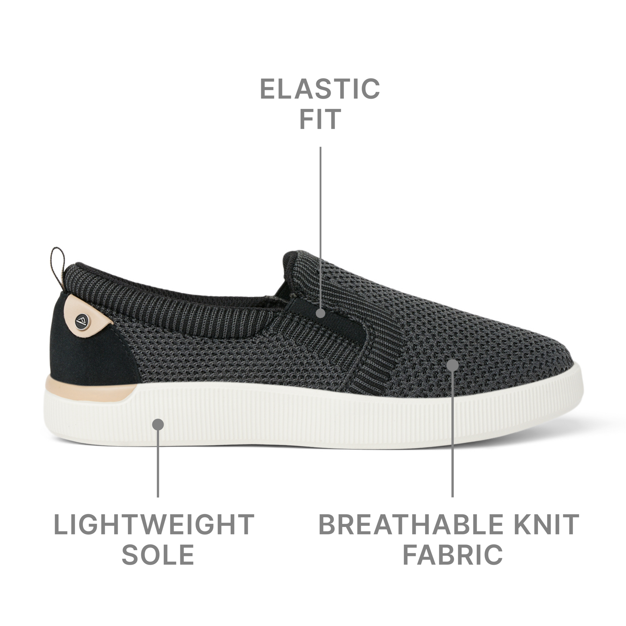 Neptune Elyse women's shoe facing right, side view, showing elastic fit, breathable knit fabric, and lightweight sole.