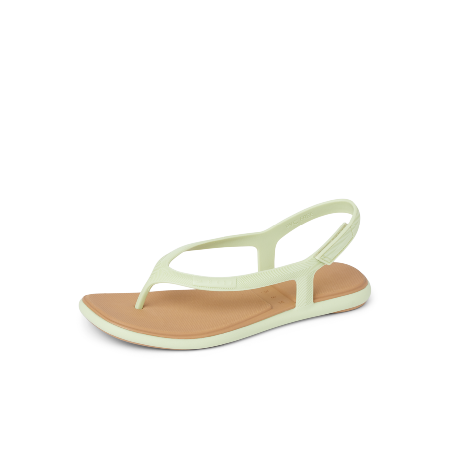 Water Willow Maya women's sandal facing left, showing side and top view with cushioned tan footbed and aloe green straps.