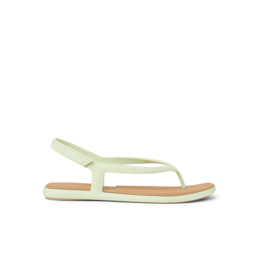Side view of Water Willow Maya women's sandal in light aloe green with anatomical arch support and soft cushioning for beach comfort.