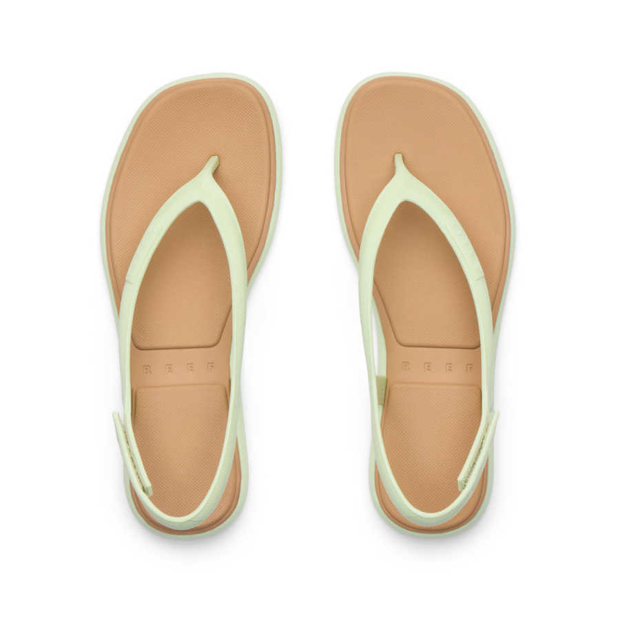 Top-down view of Water Willow Maya women's sandals with aloe green straps and cushioned tan footbeds for comfort.