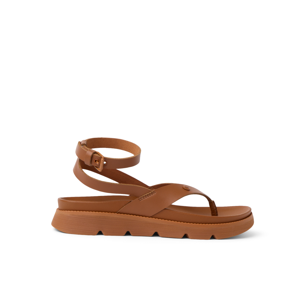 Vista Luxe Sierra sandal facing right, brown leather, ankle strap, soft-rebound cushioning, anatomical arch support beach shoe