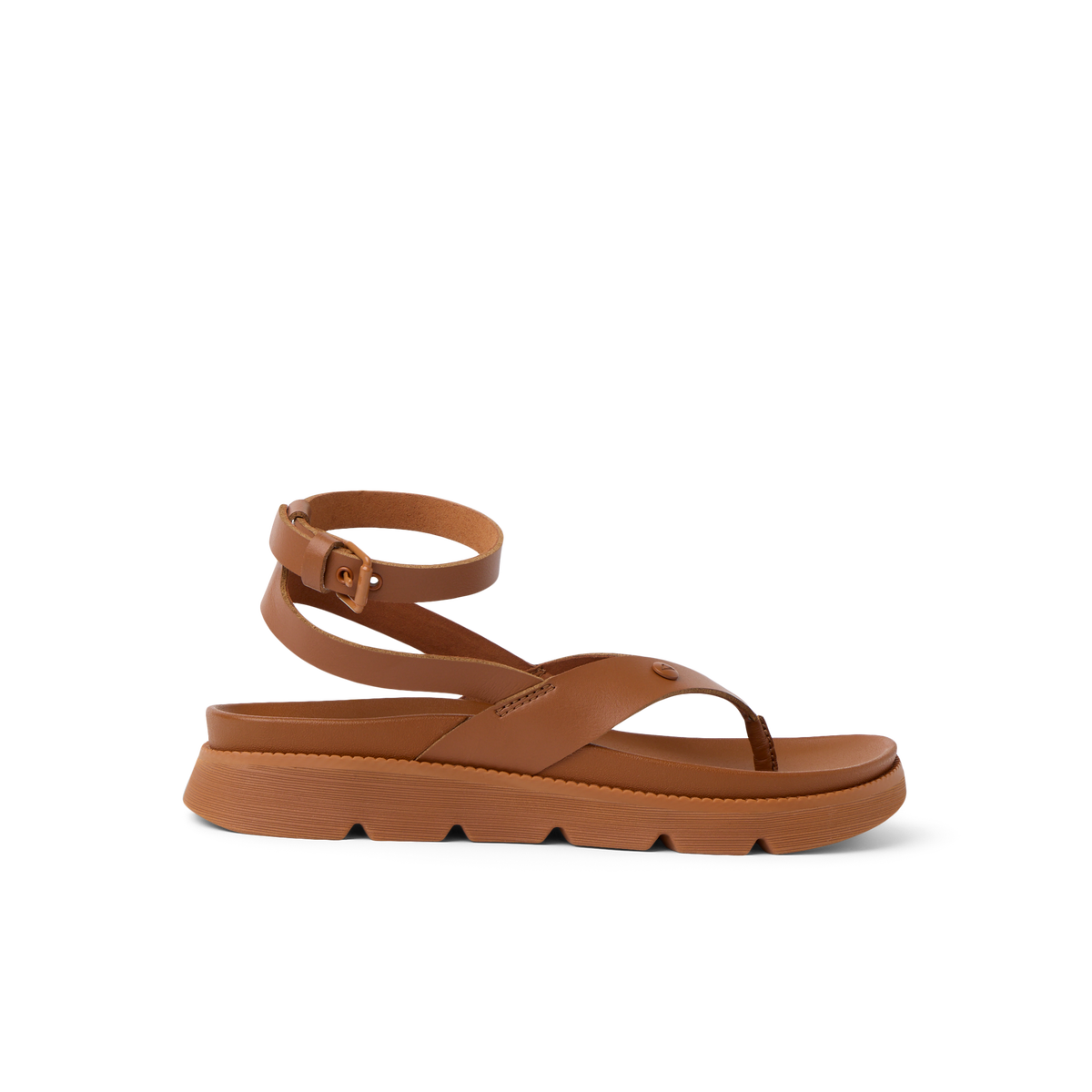 Vista Luxe Sierra sandal facing right, brown leather, ankle strap, soft-rebound cushioning, anatomical arch support beach shoe
