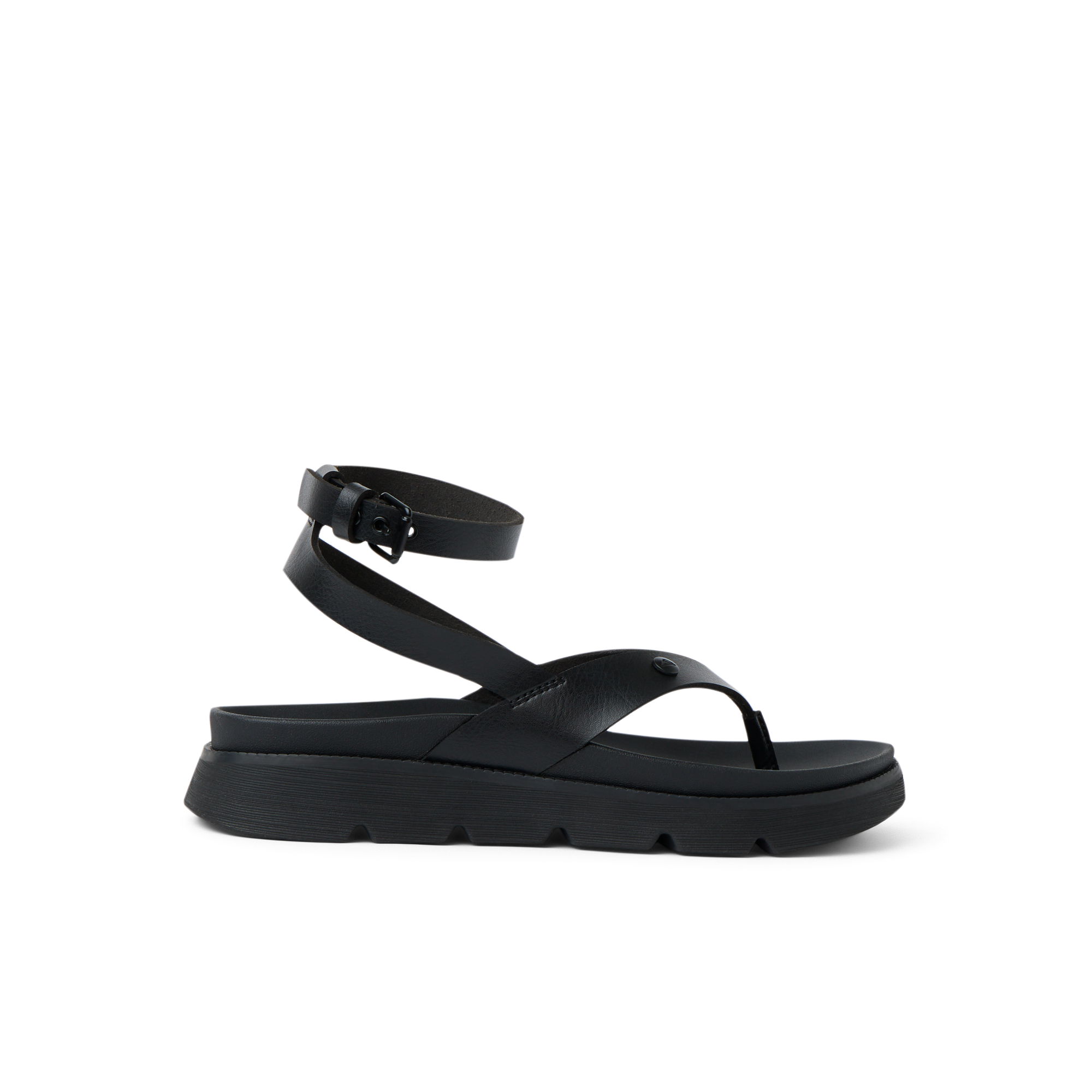 Vista Luxe Sierra black sandal facing left, showing side view with ankle strap, platform sole, and cushioned footbed.