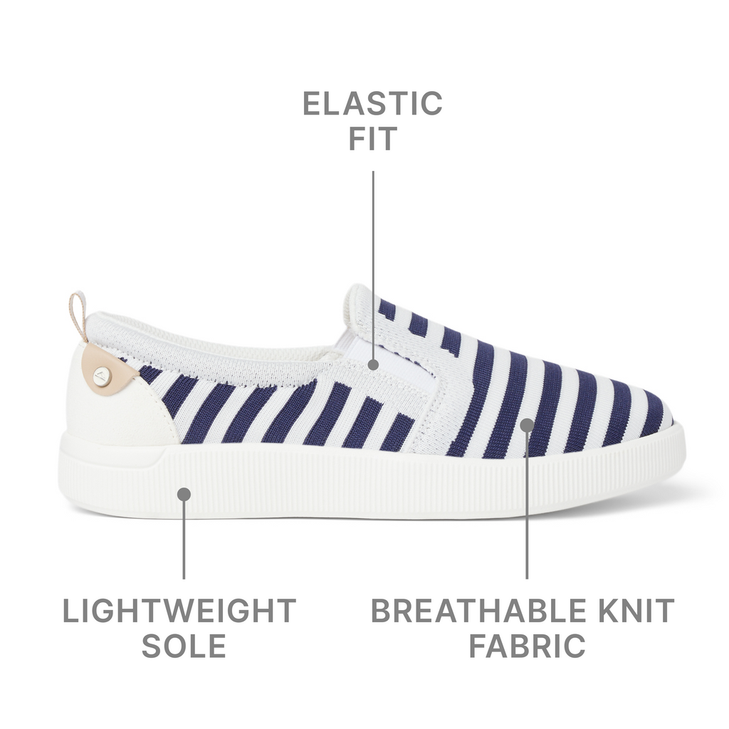 Side view of Neptune Elyse women's slip-on sneaker with breathable knit fabric, elastic fit, and lightweight sole.