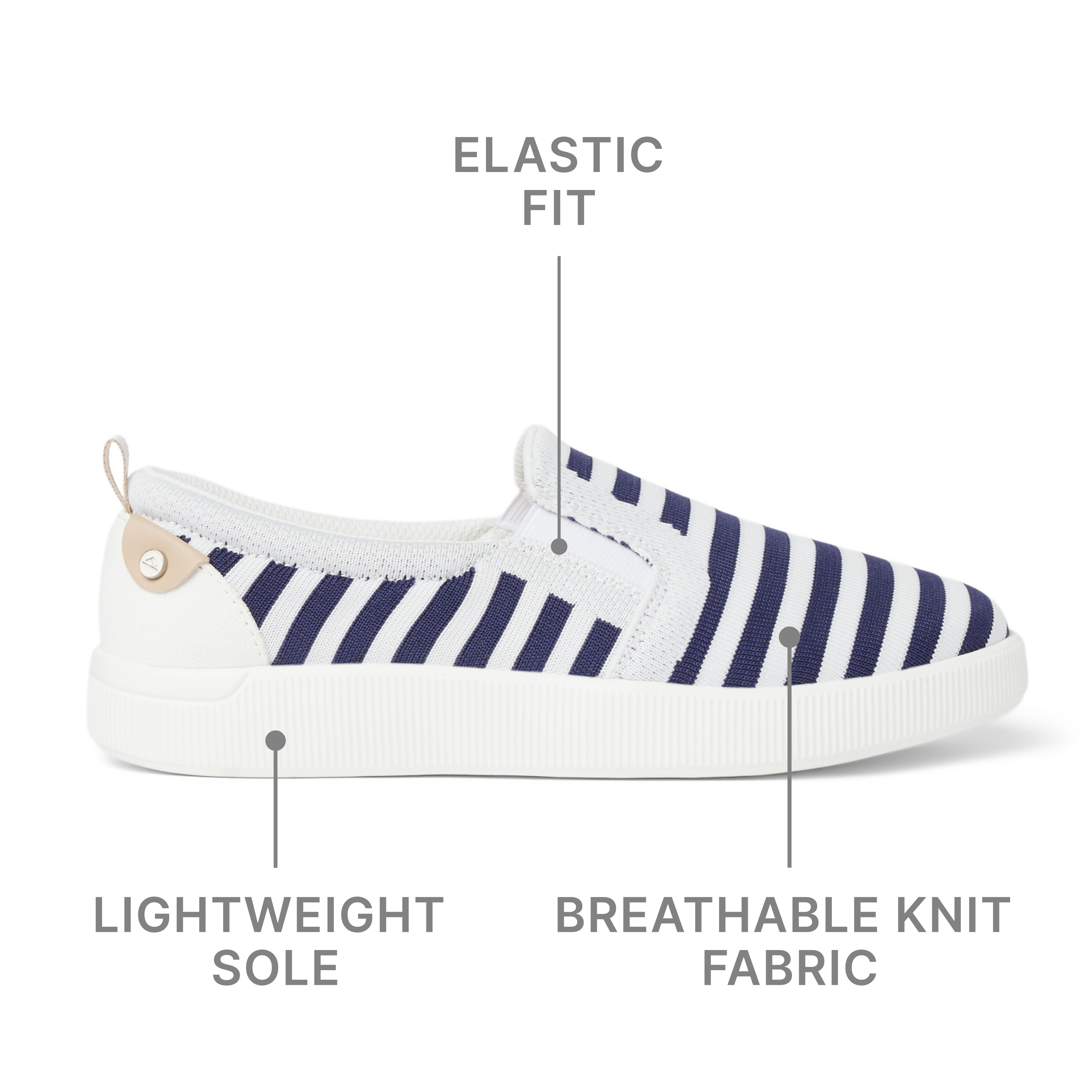 Side view of Neptune Elyse women's slip-on sneaker with breathable knit fabric, elastic fit, and lightweight sole.