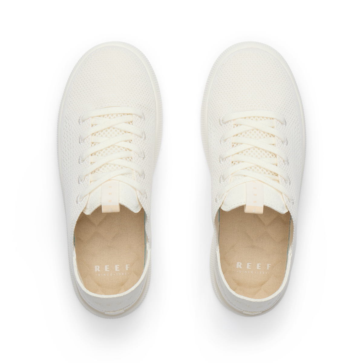 Reef Neptune women's cream knit sneakers top view facing up, featuring soft cushioning and arch support, beach inspired comfort.