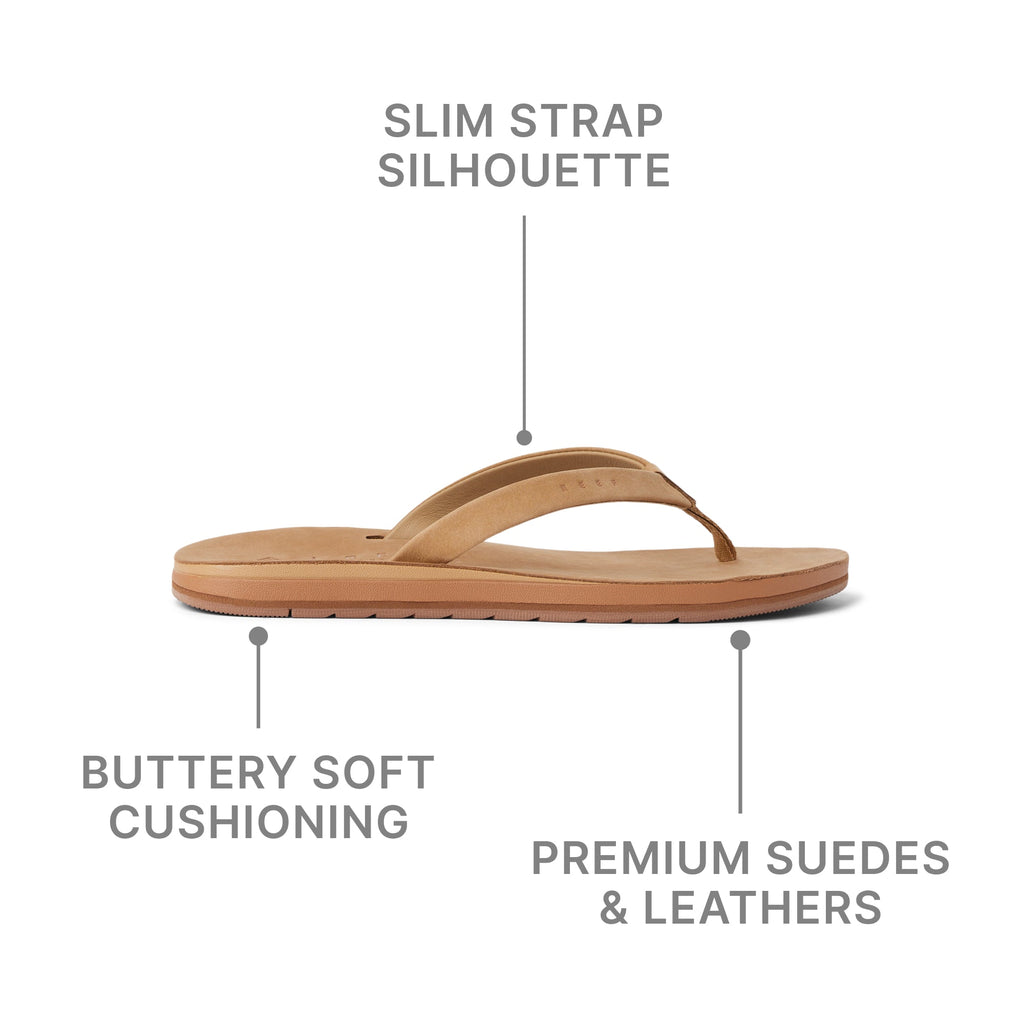 Ojai Classic Slim women's sandal facing right, showing slim strap, soft cushioning, and premium suede leather.