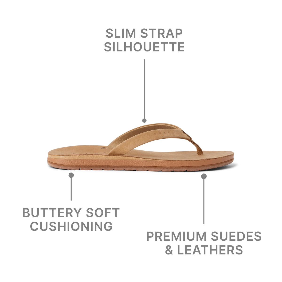Ojai Classic Slim women's sandal facing right, showing slim strap, soft cushioning, and premium suede leather.