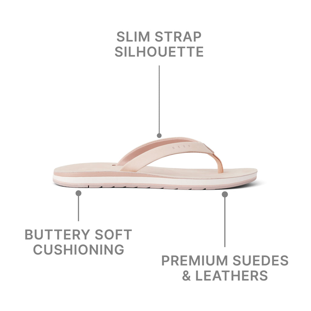 Side view of Ojai Classic Slim sandal for women in soft pink with slim strap, cushioned sole, and premium suede leather
