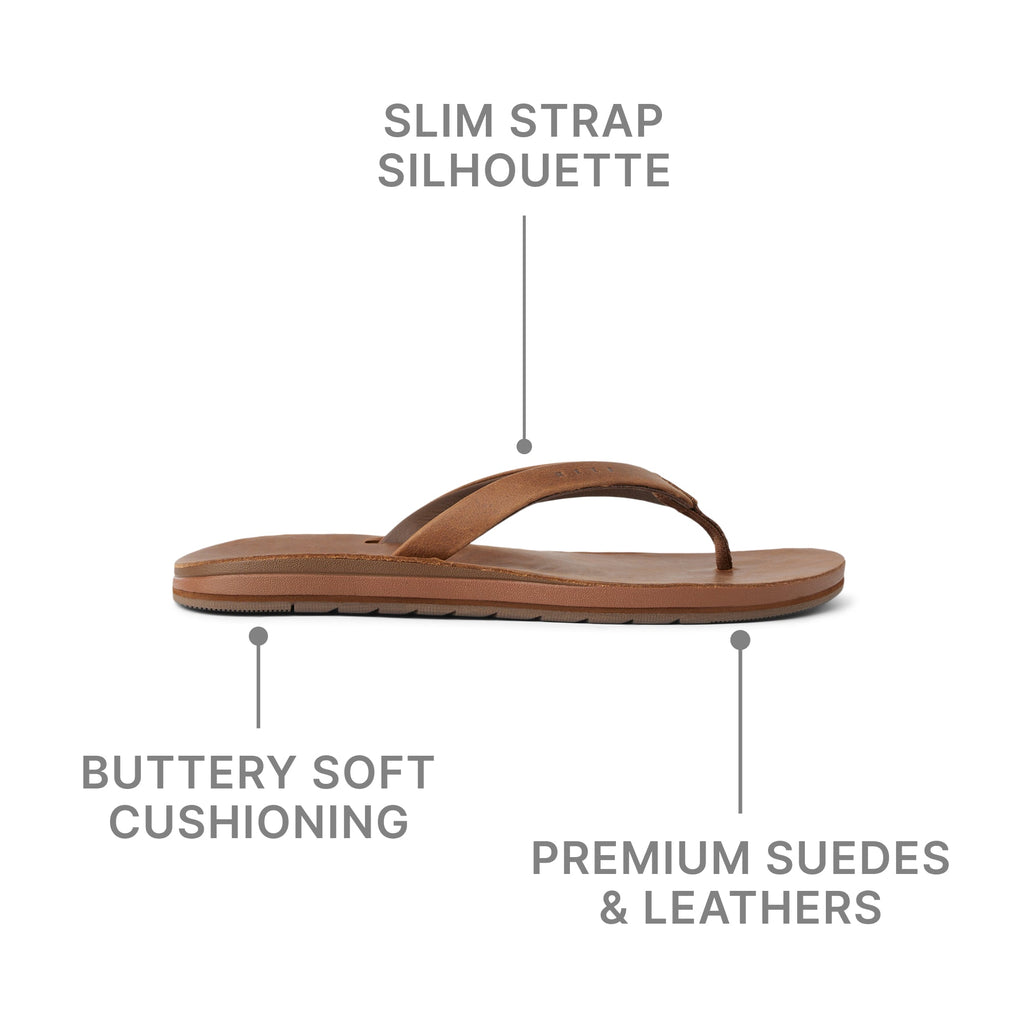 Ojai Classic Slim women's sandal facing left, side view showing slim strap and soft cushioning with leather upper.