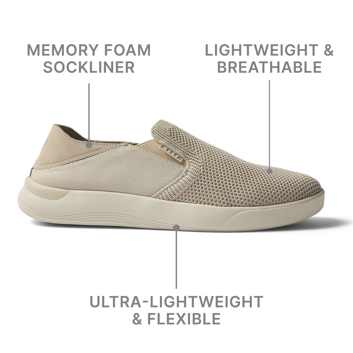 Neptune Slip-On right side view showing lightweight, breathable mesh upper with memory foam sockliner and flexible sole.