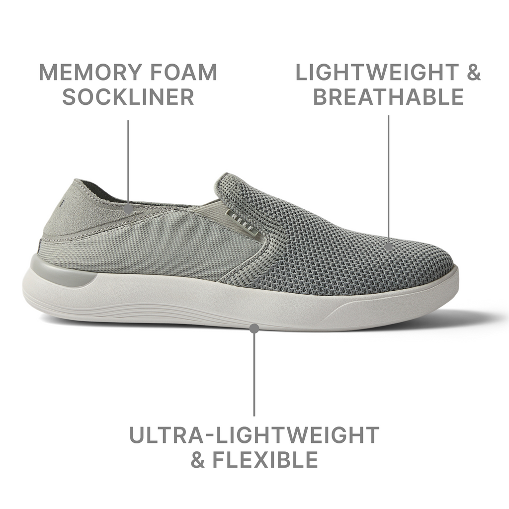 Neptune Slip-On right side view showing breathable, lightweight mesh upper with memory foam sockliner and flexible sole.