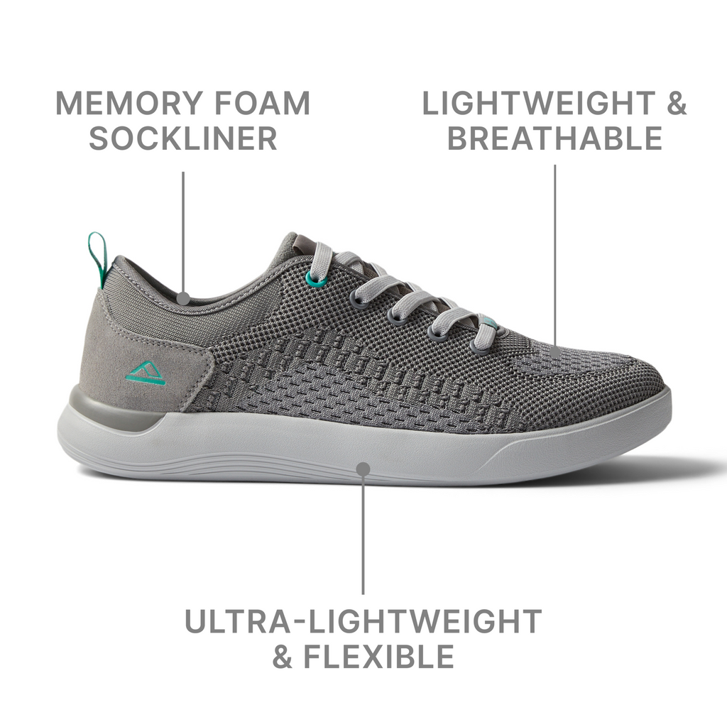 Neso men's shoe facing right showing lightweight, breathable grey mesh upper with memory foam sockliner and flexible sole.