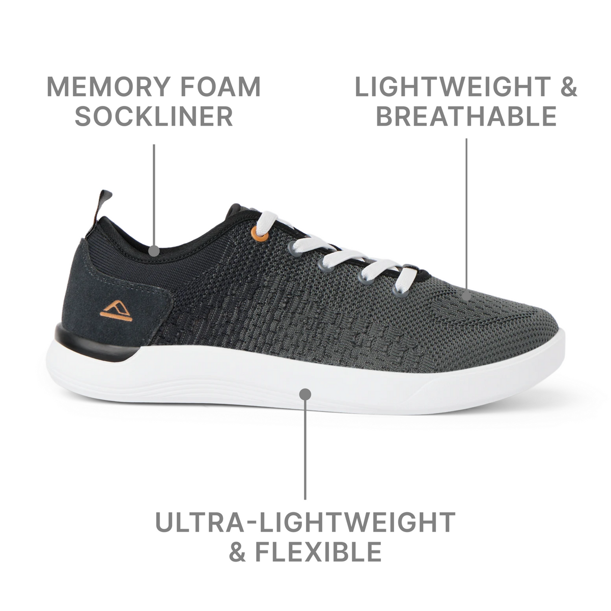 Neso men's shoe facing right, close-up side view highlighting lightweight, breathable knit upper with memory foam sockliner.