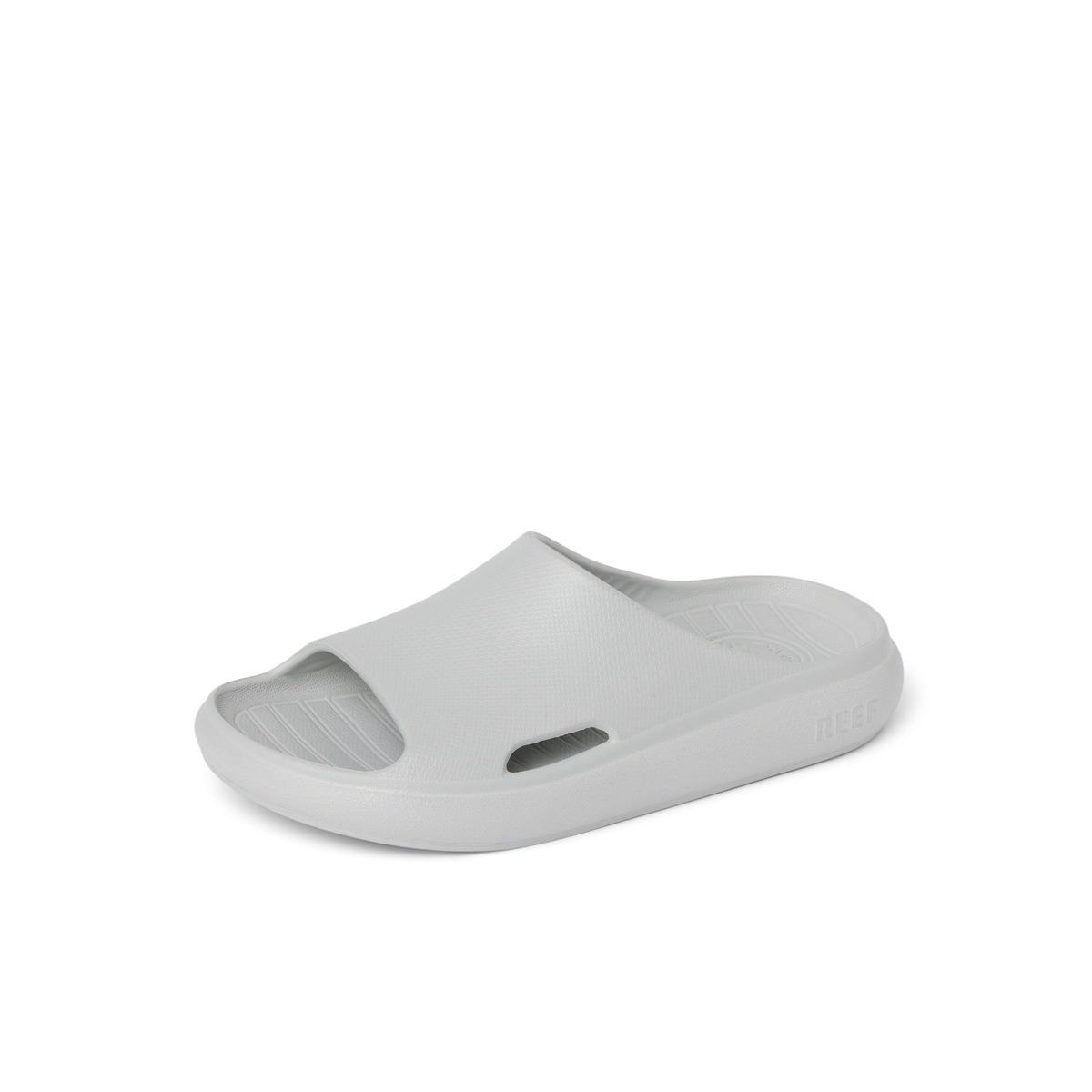 Kids Rio Slide in light grey facing right, close-up of top and outer side showing water-friendly, cushioned, arch-support design.
