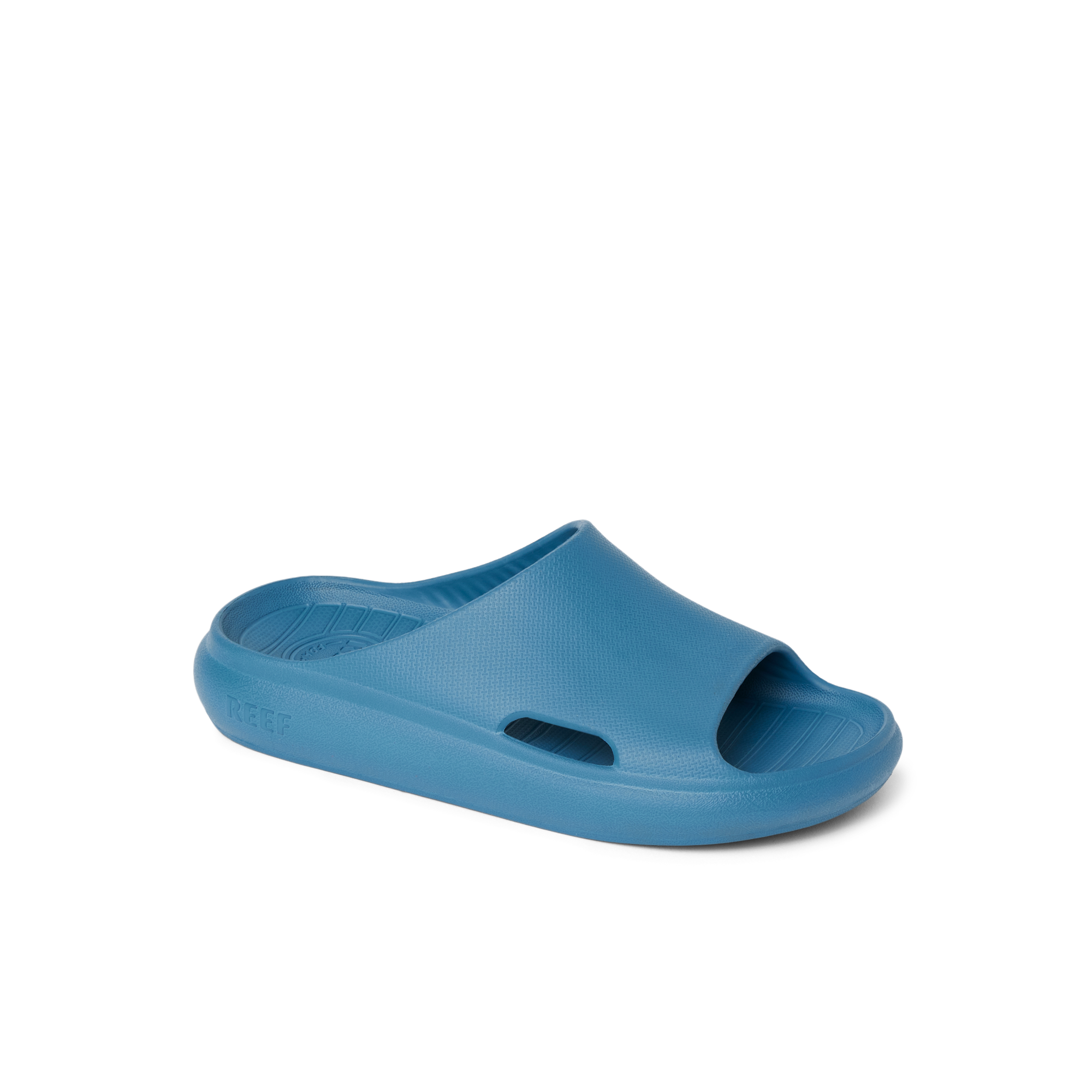 Kids Rio Slide in blue facing right, showing front and side with water-friendly, cushioned design for comfort.