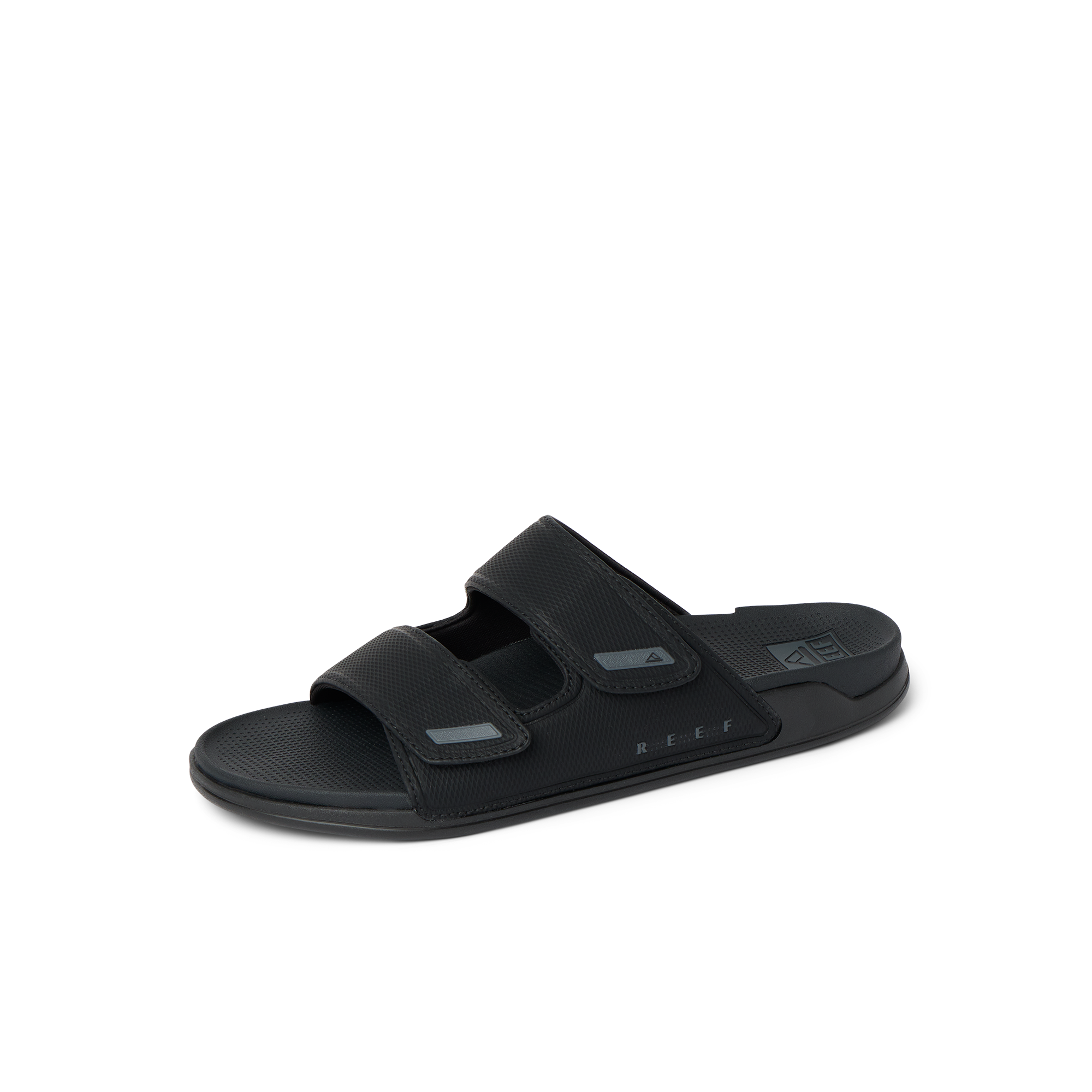 Phantom Tradewind men's black slide sandal facing right, showing top straps and cushioned footbed for all-day comfort.