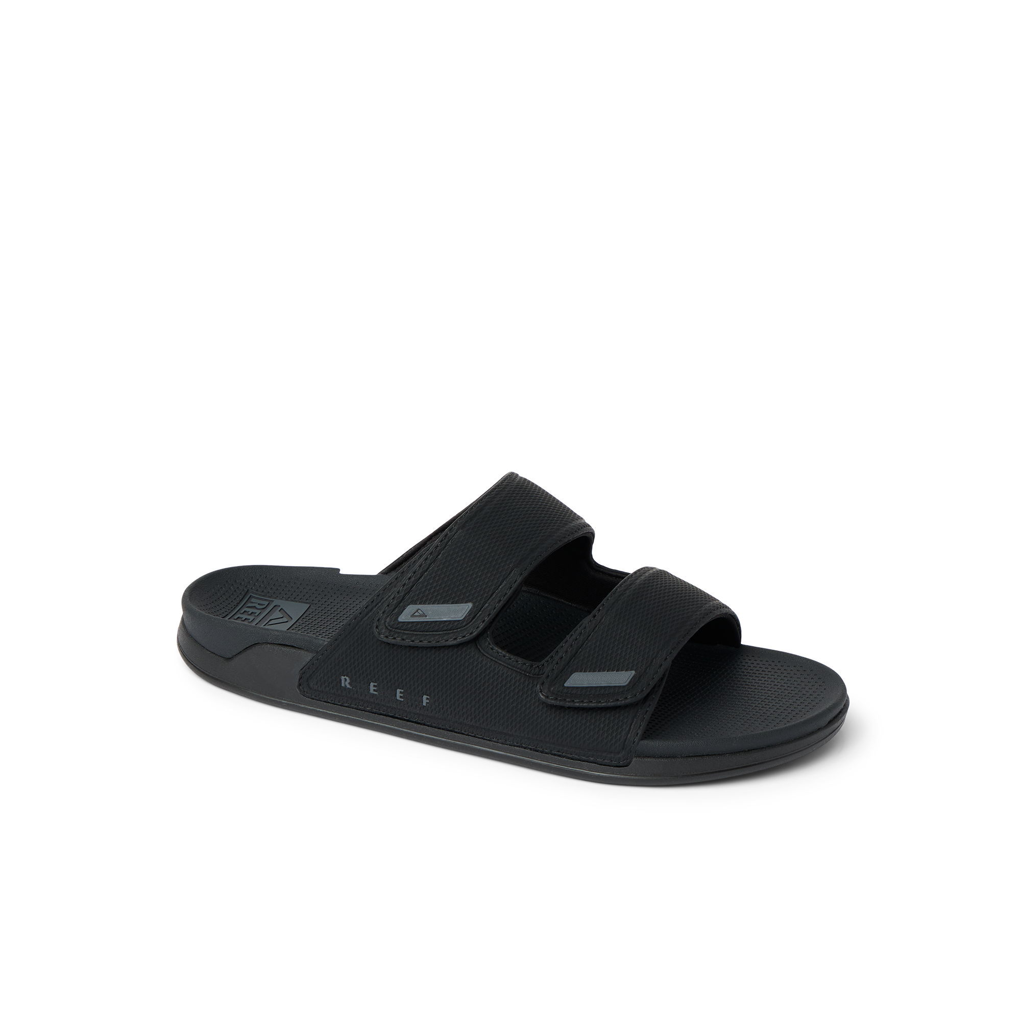 Phantom Tradewind men’s black sandal facing right, featuring dual straps with anatomical arch support and soft cushioning.