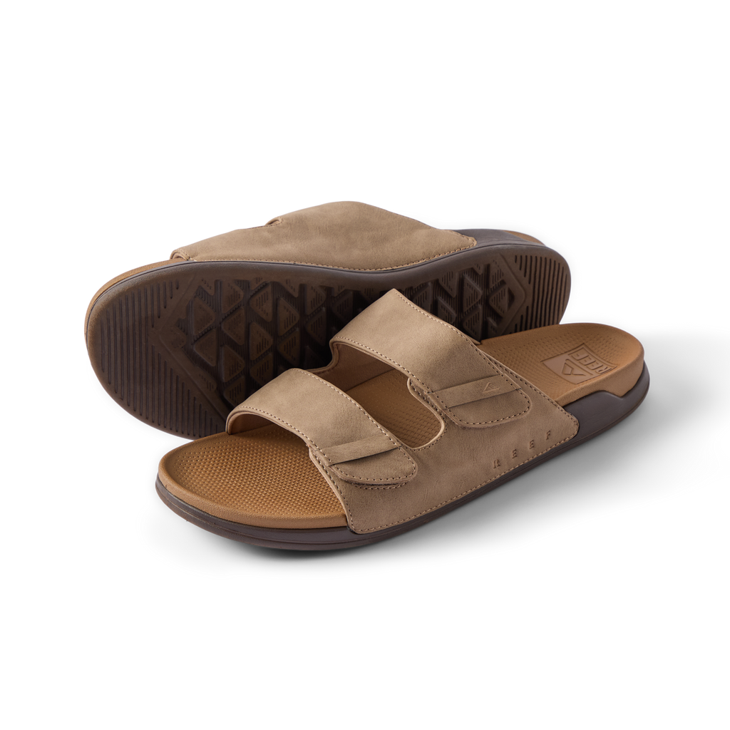 Phantom Tradewind tan men's sandals facing right, showing top and sole with soft-rebound cushioning and arch support.