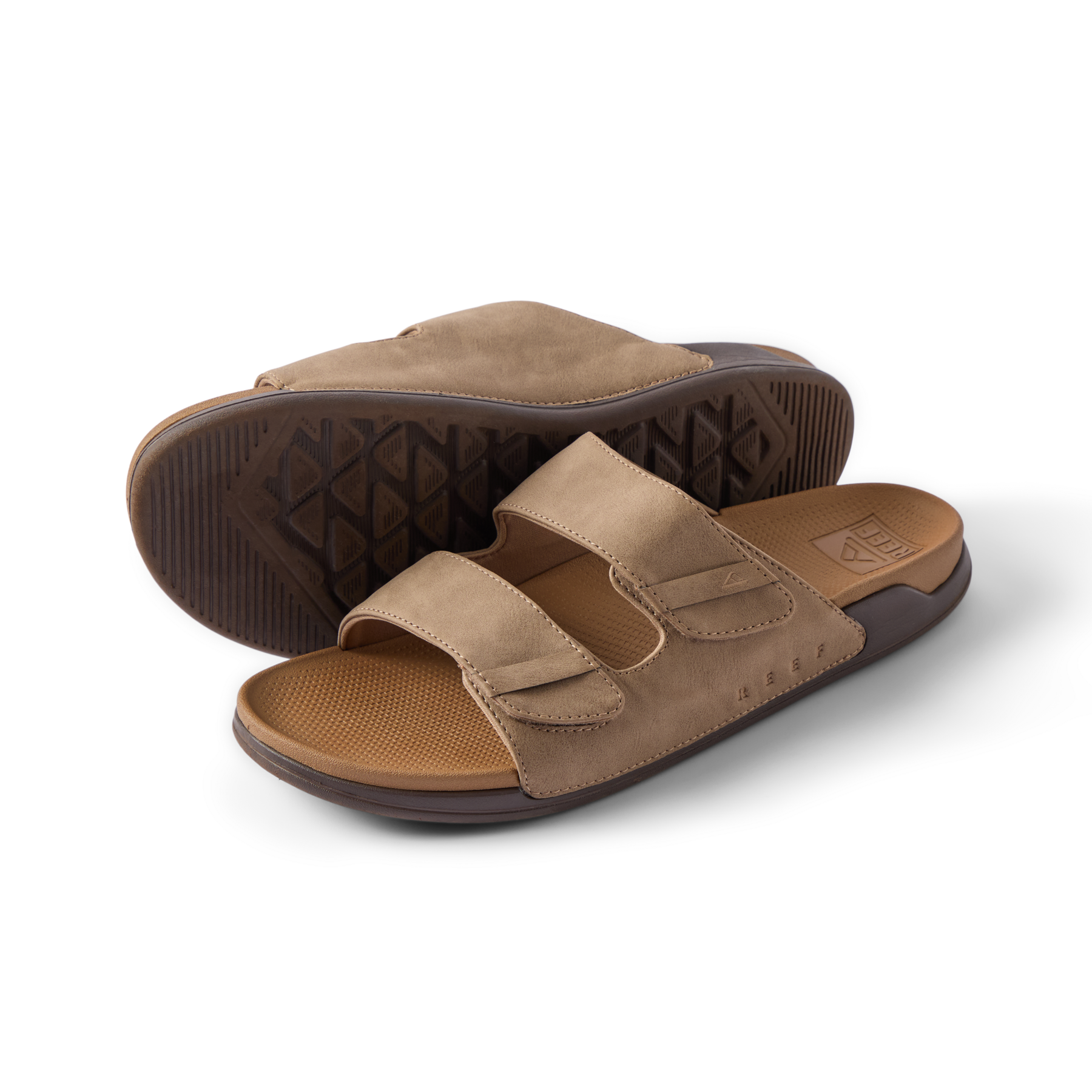 Phantom Tradewind tan men's sandals facing right, showing top and sole with soft-rebound cushioning and arch support.