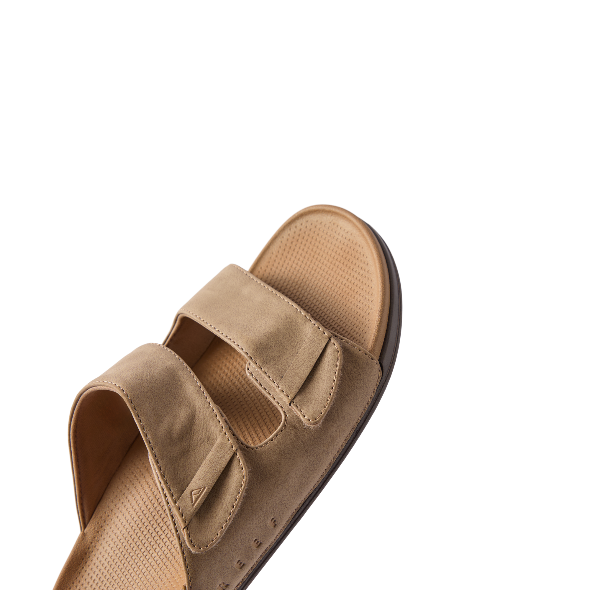Phantom Tradewind tan men's sandal facing right, close-up of cushioned footbed and adjustable straps, beach comfort design