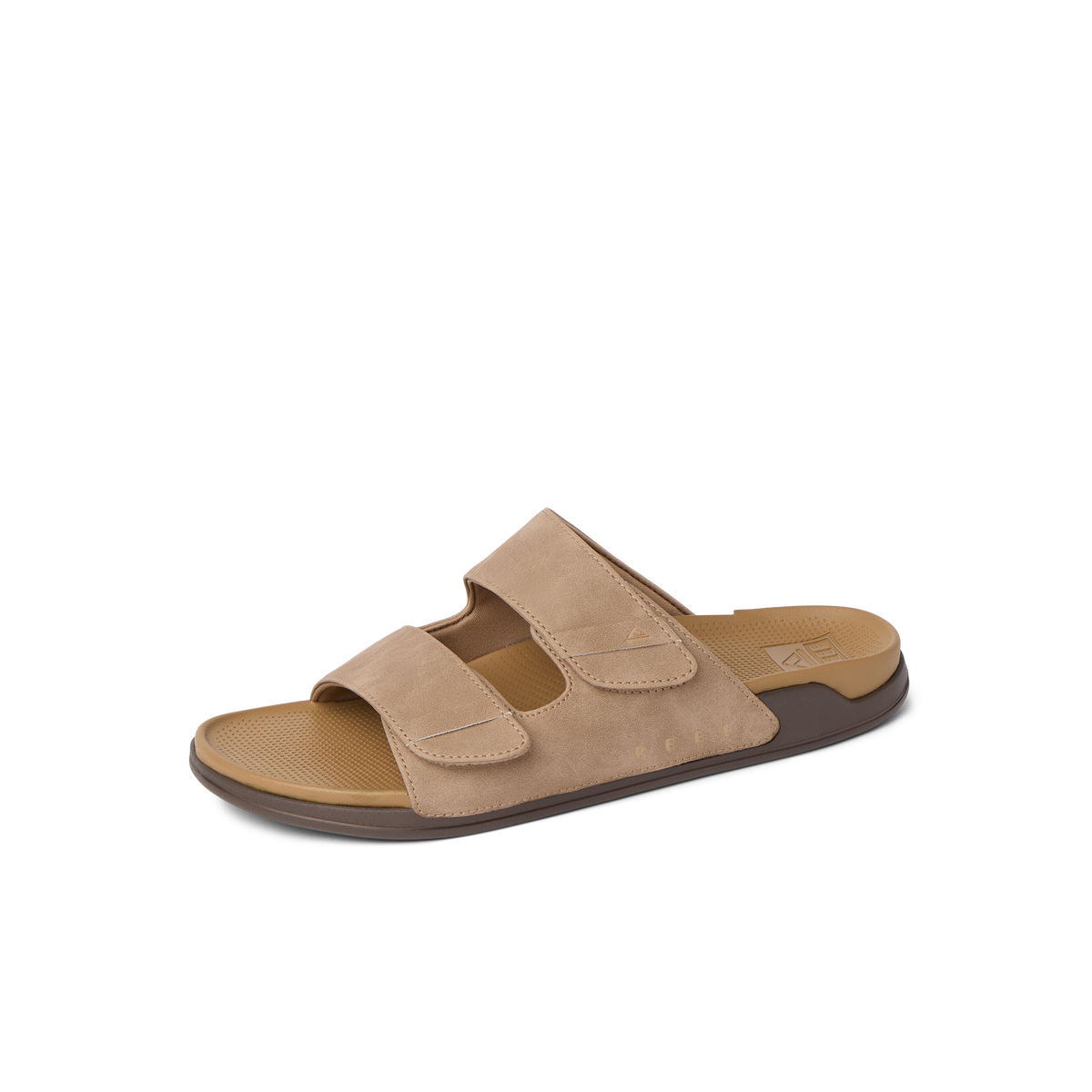 Phantom Tradewind tan men's sandal facing left, showing top and side with cushioned arch support and soft footbed.