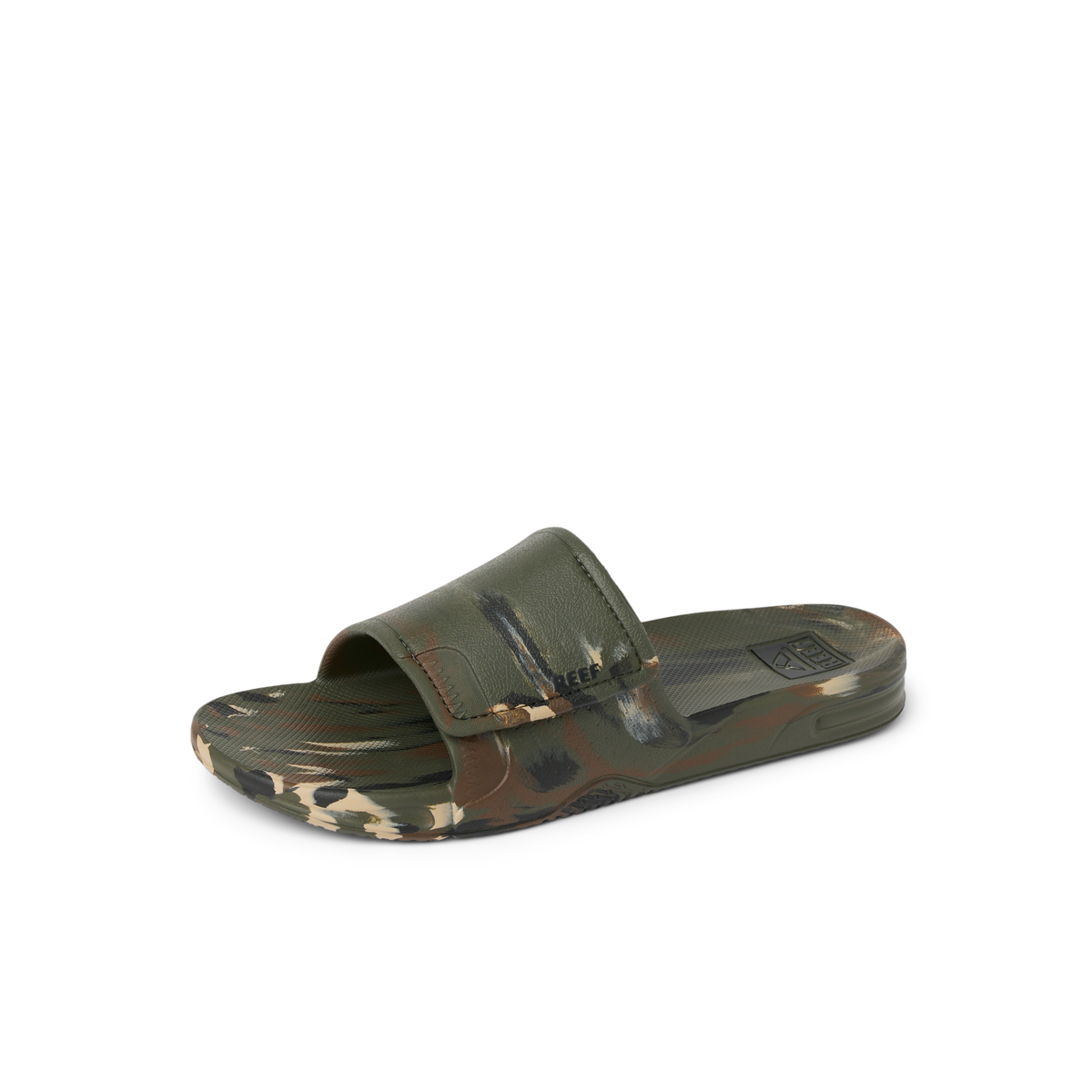 Fanning Slide H2O camo men's slide facing left, close-up of upper and footbed with comfort cushioning features.