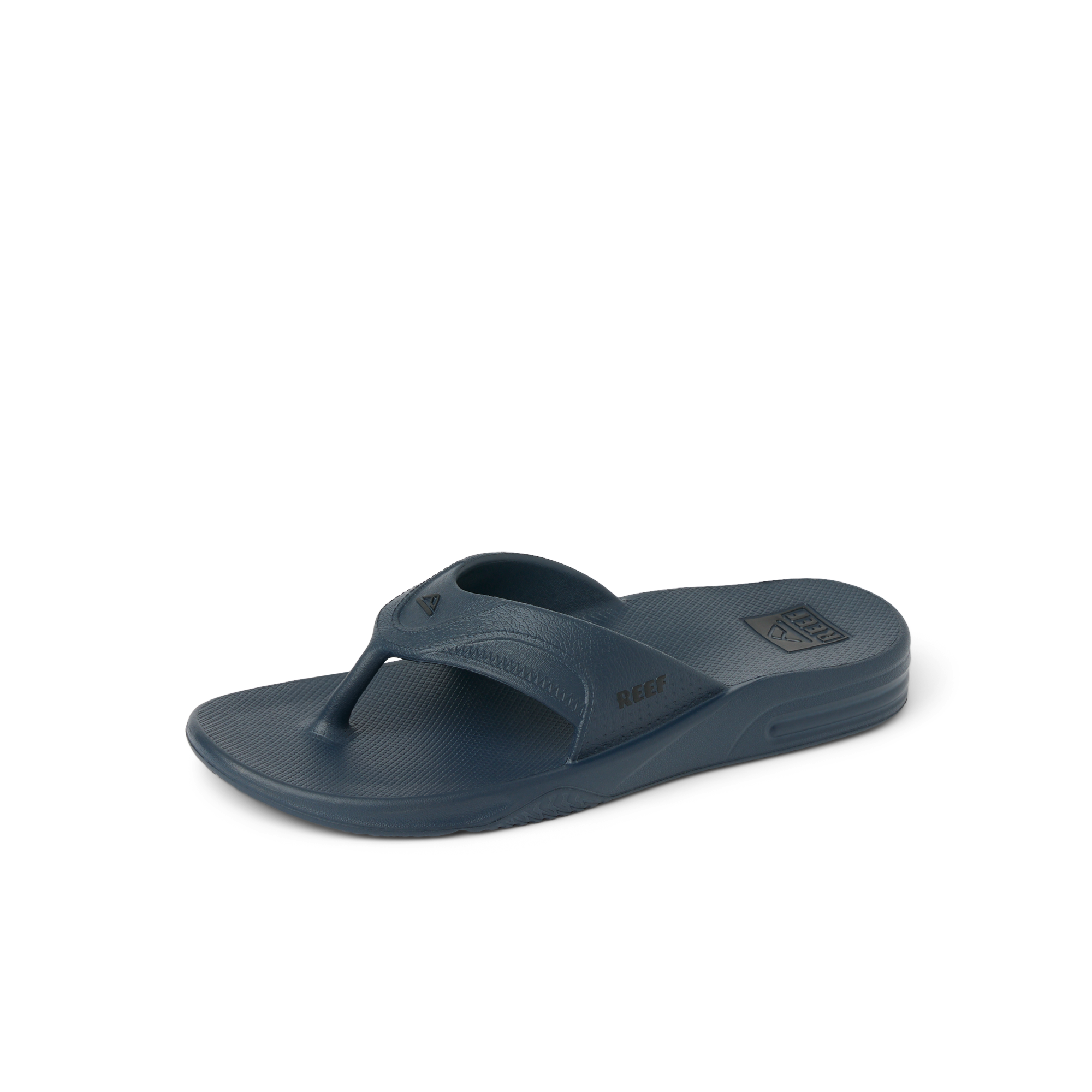 Fanning H2O men's navy blue sandal facing right showing toe post and cushioned footbed for beach comfort.