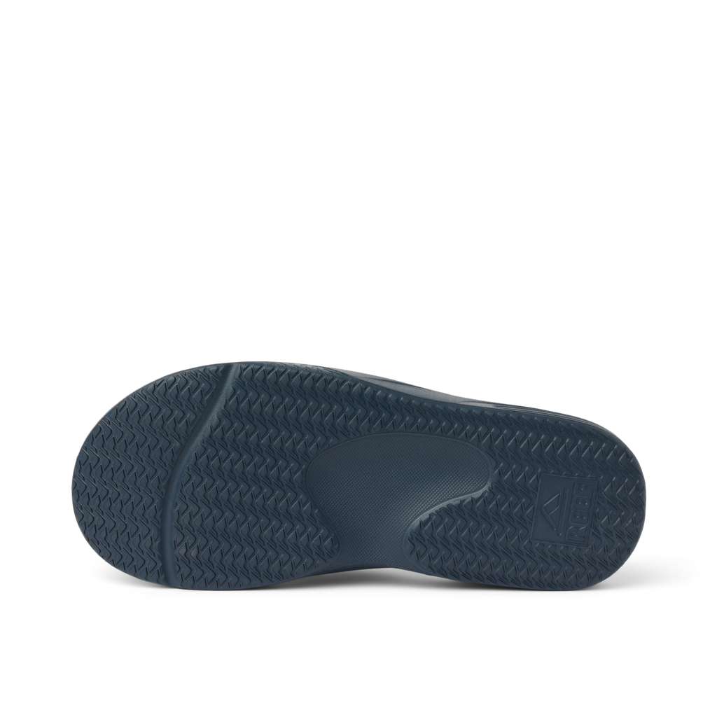 Fanning H2O men's navy blue shoe sole facing up, showing durable, water-friendly traction and arch support design.